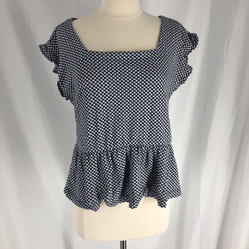 Loft Peplum Gingham Square Neck Short Sleeve Blouse Small